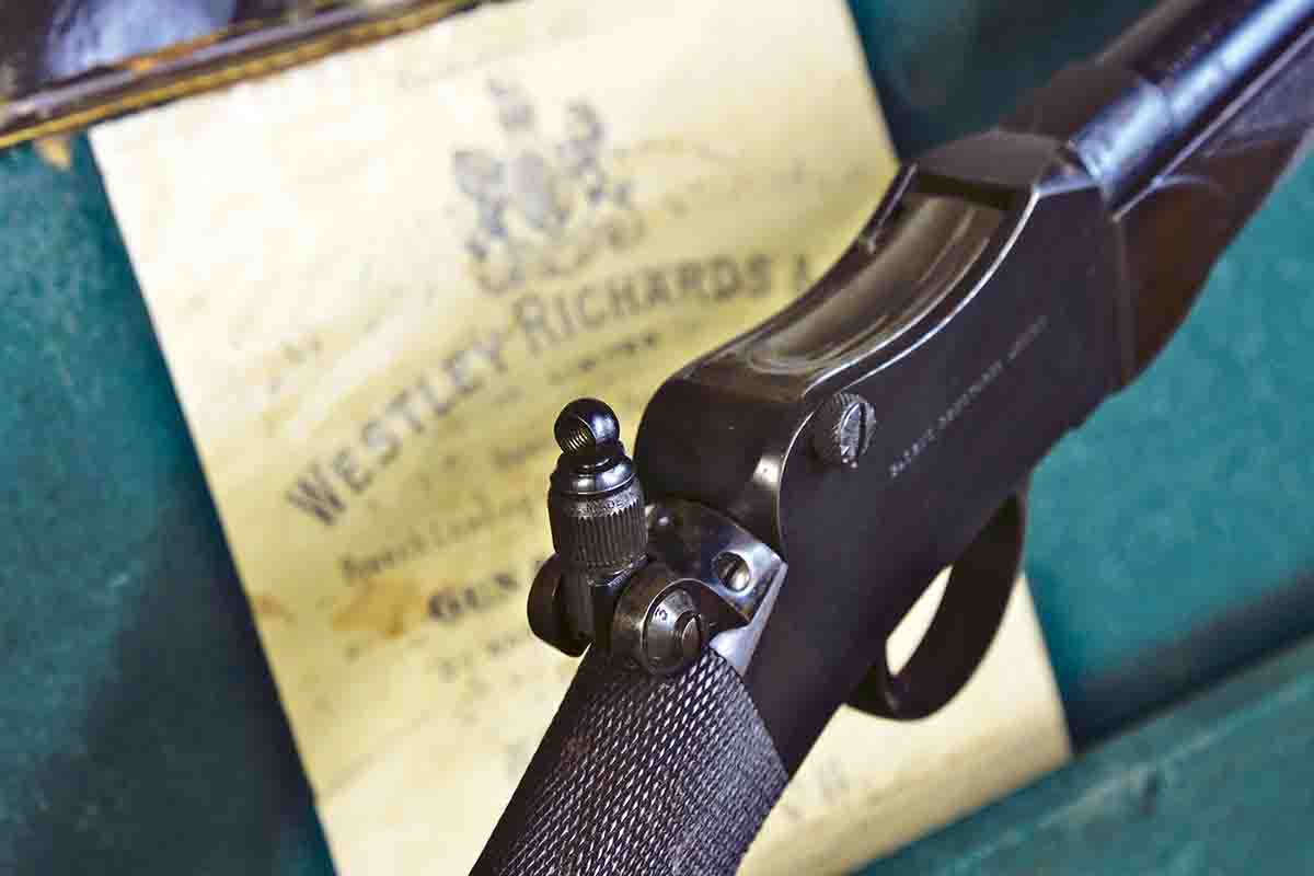 Like the much newer Ruger No. 1, the Peabody-Martini in all its many variations did not have a conventional tang on which to mount an aperture sight. The British came up with many ingenious solutions, most of them designed by the sight specialist Parker-Hale, as with this Westley Richards .300 Sherwood.